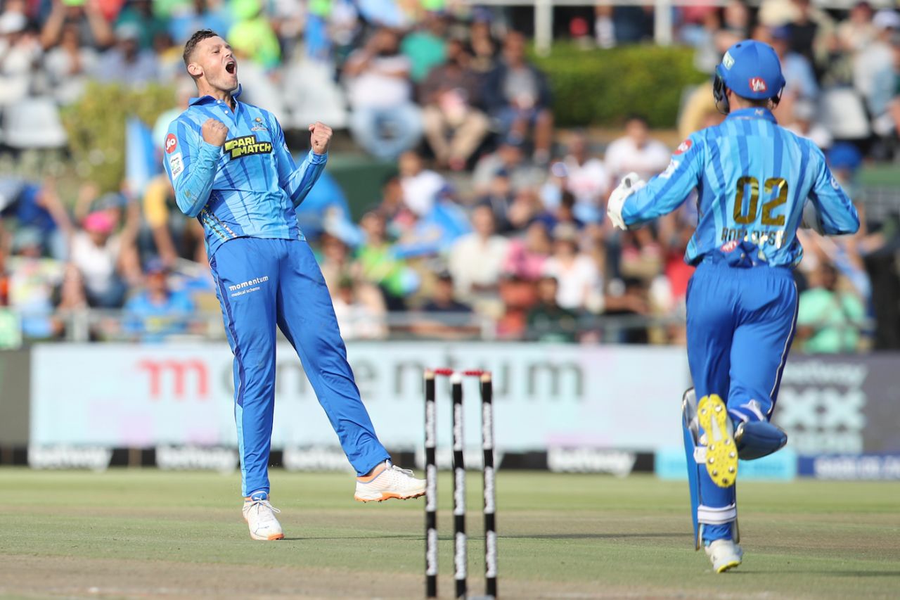 George Linde is thrilled after taking a wicket, MI Cape Town vs Joburg Super Kings, SA20, Cape Town, January 14, 2023