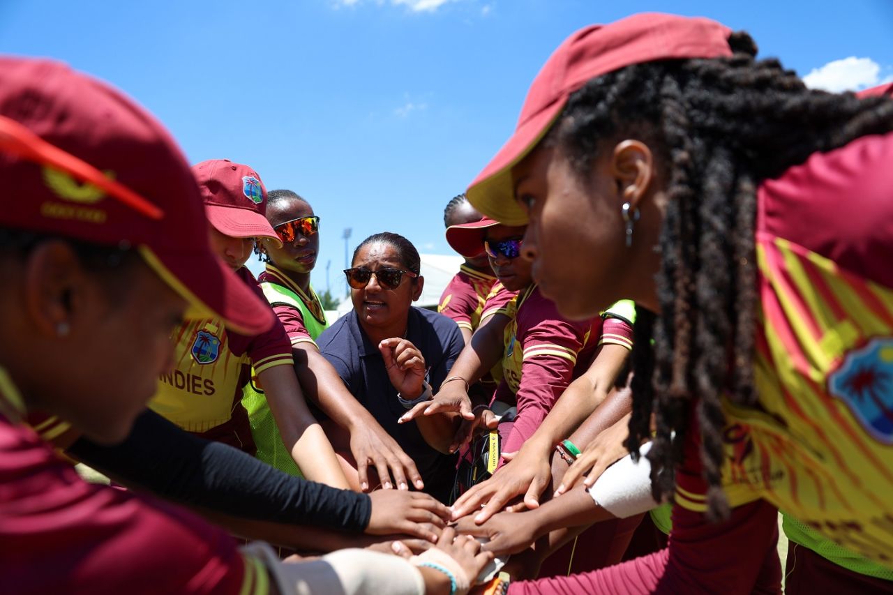 The West Indies Under-19 women's team gets in a huddle, West Indies vs Ireland, Group C, Under-19 Women's World Cup, Potchefstroom, January 15, 2023
