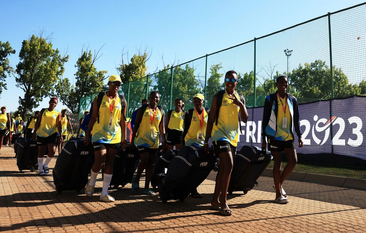 The Rwanda players ahead of their first ever Cricket World Cup match, Pakistan vs Rwanda, Group B, Under-19 Women's World Cup, Potchefstroom, January 15, 2023