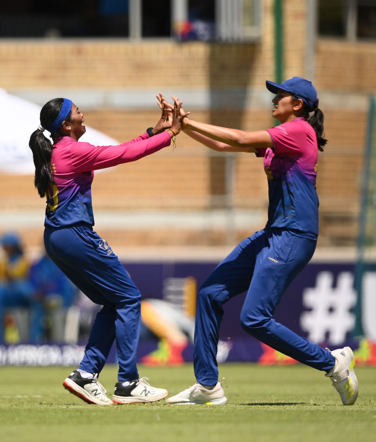Indhuja Nandakumar and Mahika Gaur celebrate after combining to dismiss Shafali Verma, India vs UAE, Women's Under-19 World Cup, Benoni, January 16, 2023