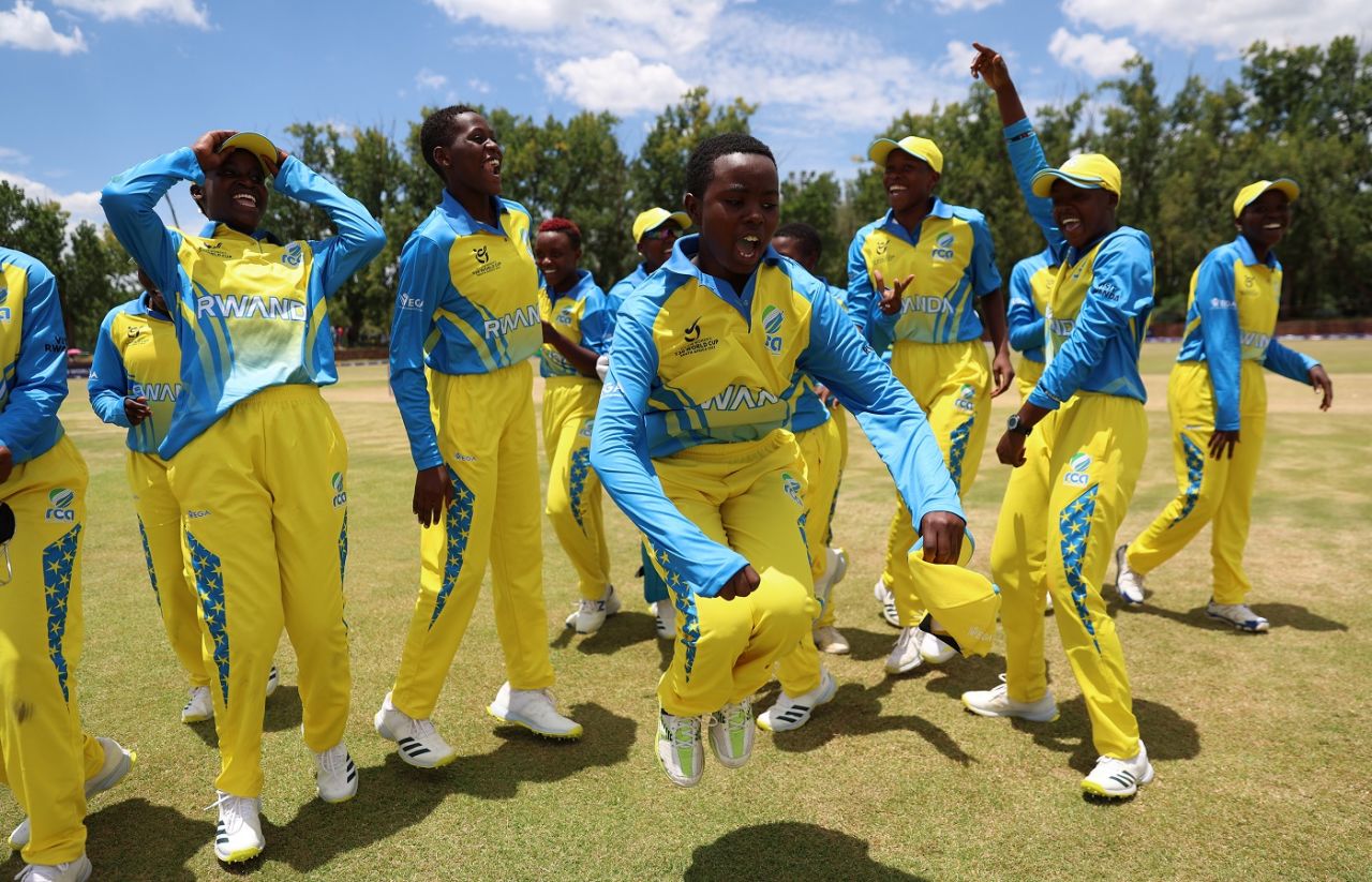Rwanda players rejoice after beating Zimbabwe by 39 runs, Zimbabwe vs Rwanda, Under-19 Women's T20 World Cup, Potchefstroom, January 17, 2023