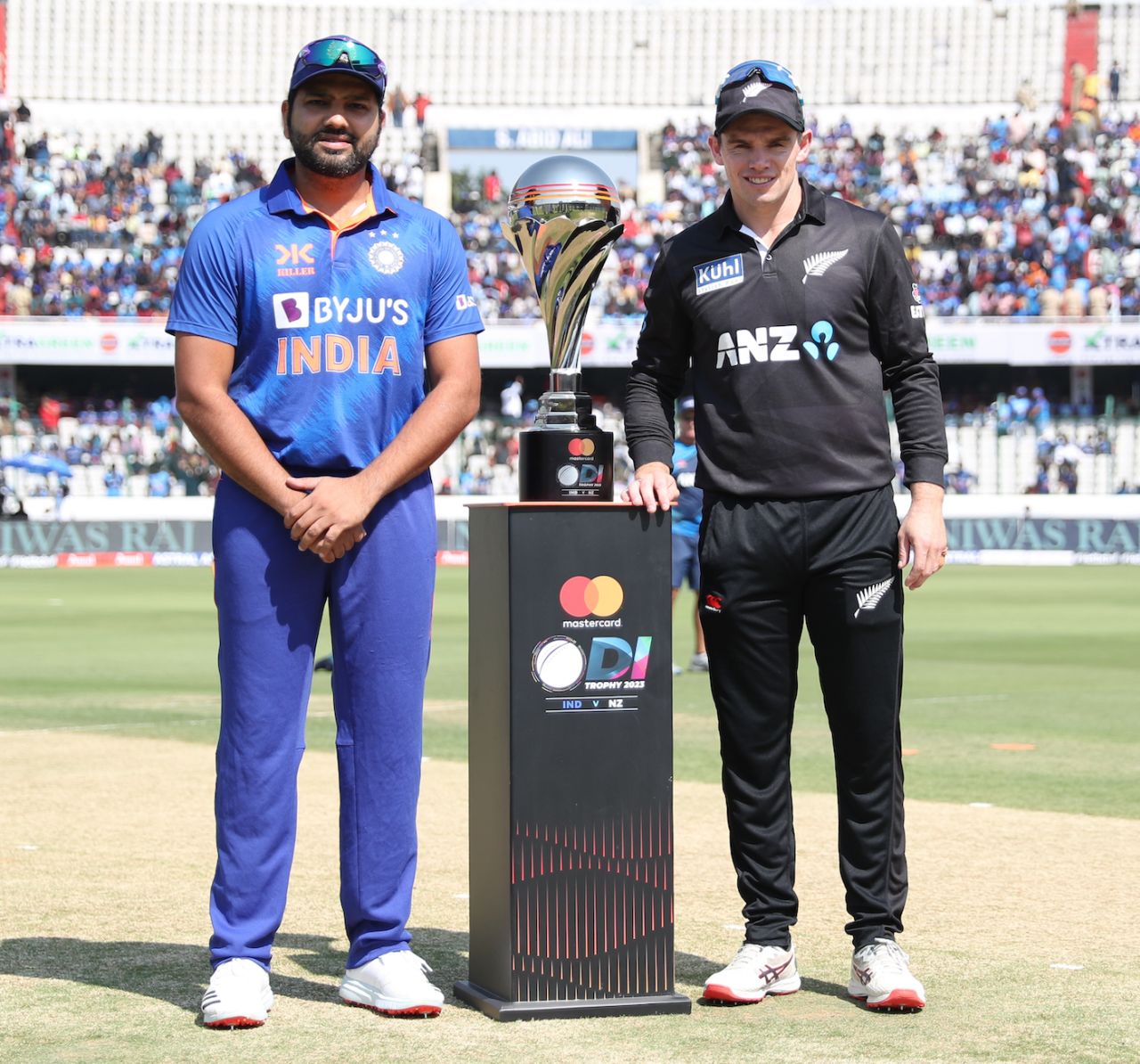 Rohit Sharma and Tom Latham pose with the series trophy, India vs New Zealand, 1st ODI, Hyderabad, January 18, 2023