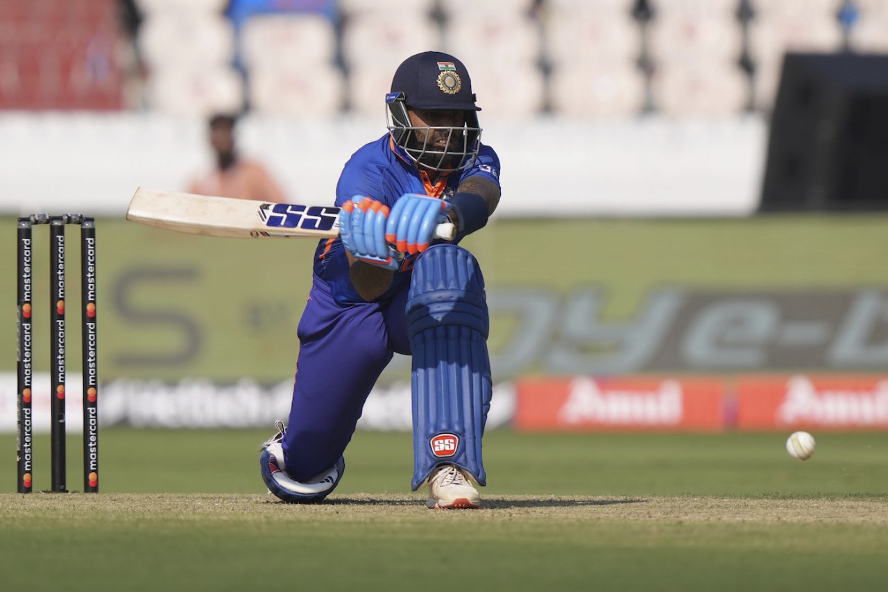 Suryakumar Yadav lines up a sweep, India vs New Zealand, 1st ODI, Hyderabad, January 18, 2023