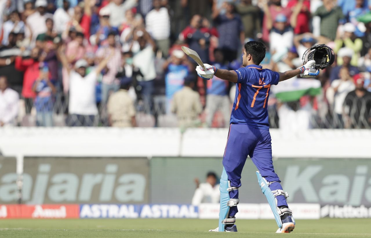 Shubman Gill brought up his third ODI century, and second in as many innings, India vs New Zealand, 1st ODI, Hyderabad, January 18, 2023