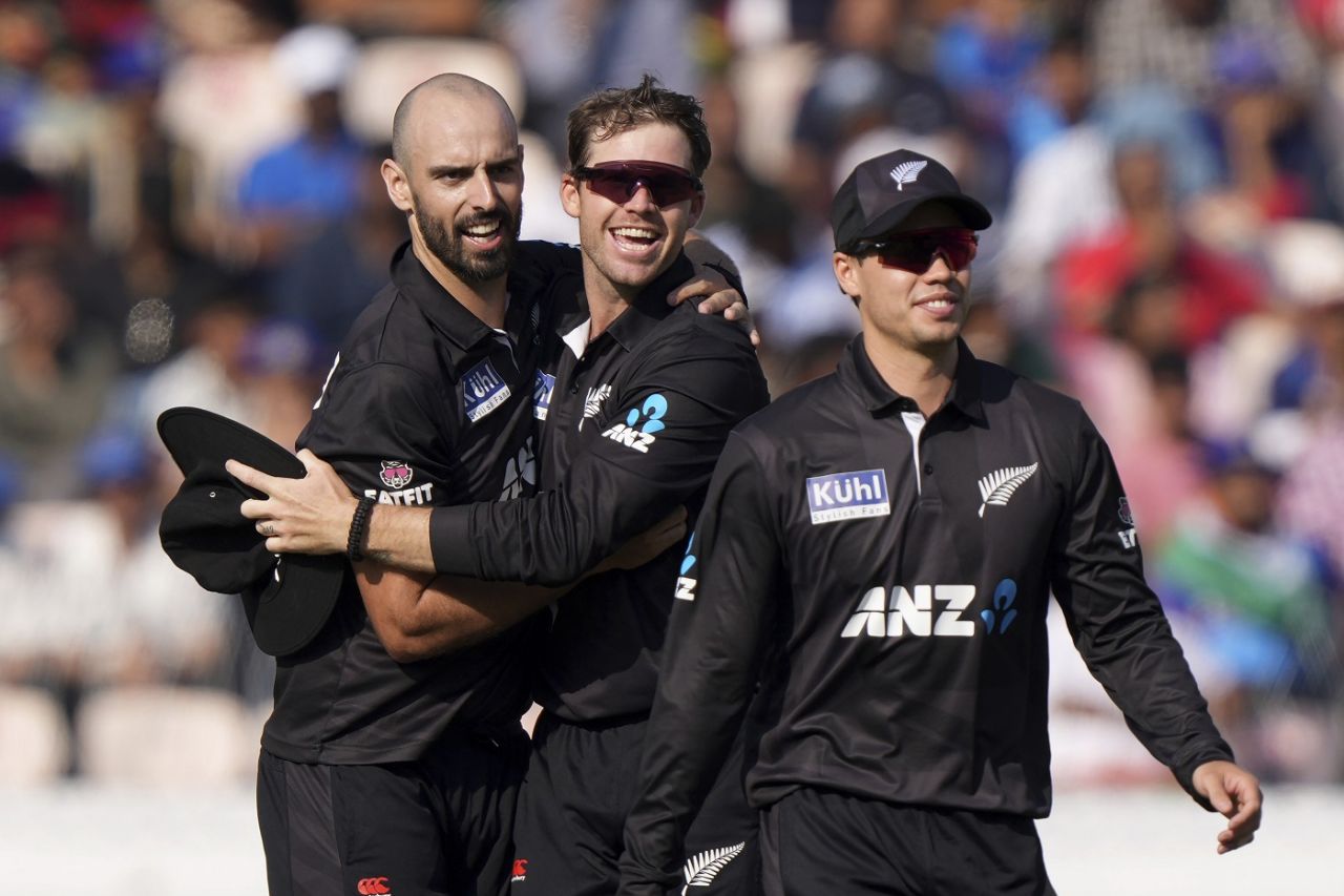 Daryl Mitchell celebrates the wicket of Suryakumar Yadav, 1st ODI, Hyderabad, January 18, 2023