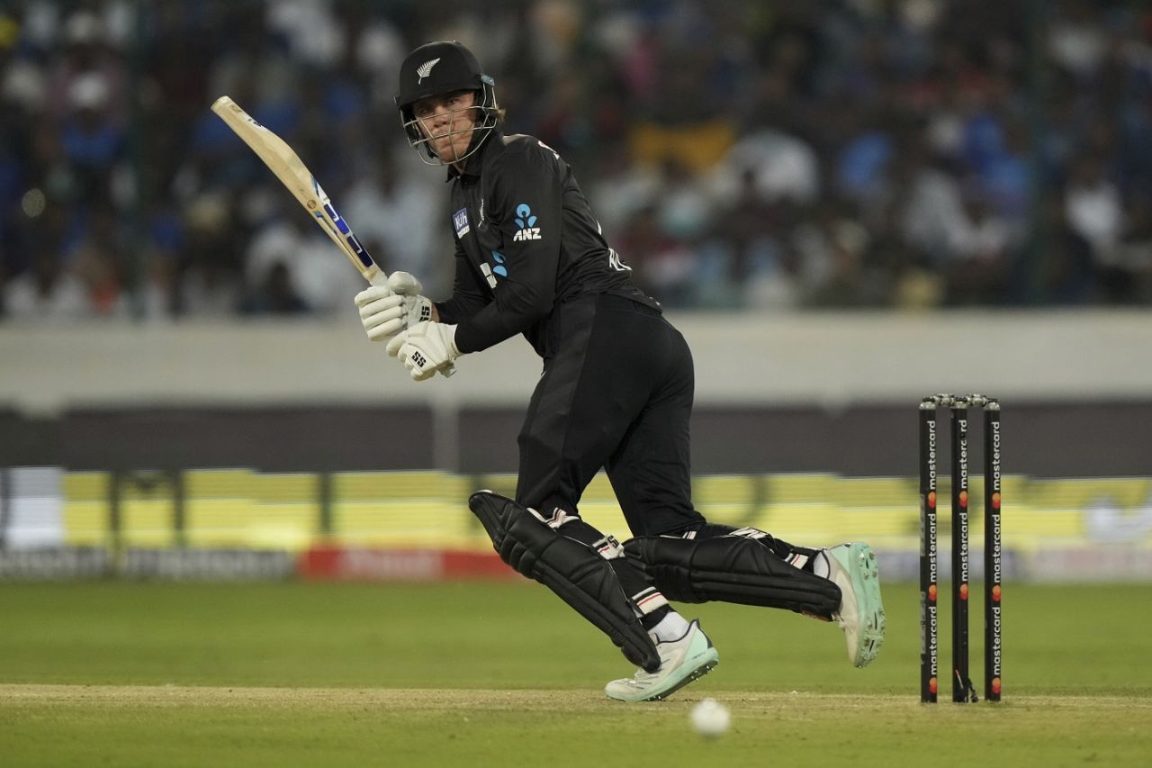 Finn Allen flicks behind square, India vs New Zealand, 1st ODI, Hyderabad, January 18, 2023