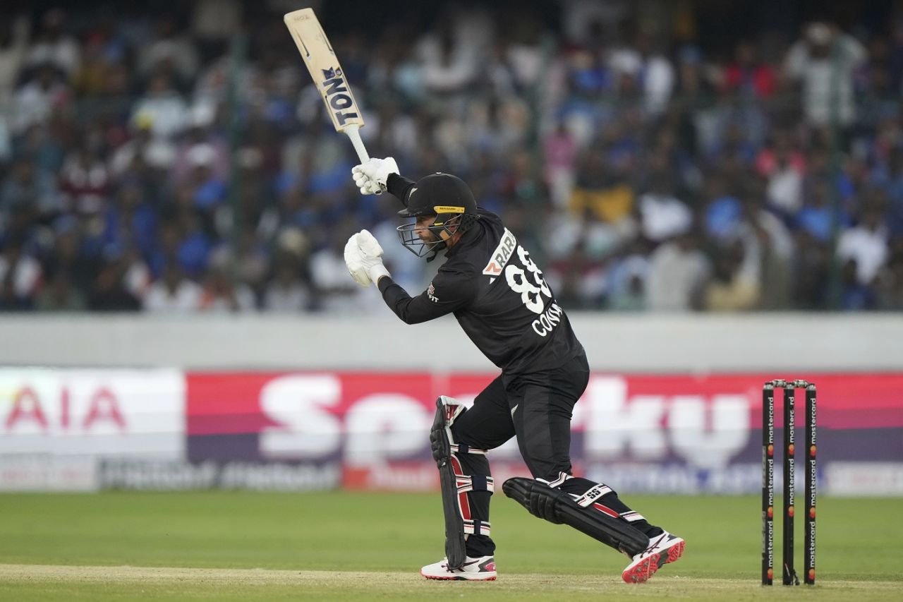 Finn Allen flicks behind square, India vs New Zealand, 1st ODI, Hyderabad, January 18, 2023