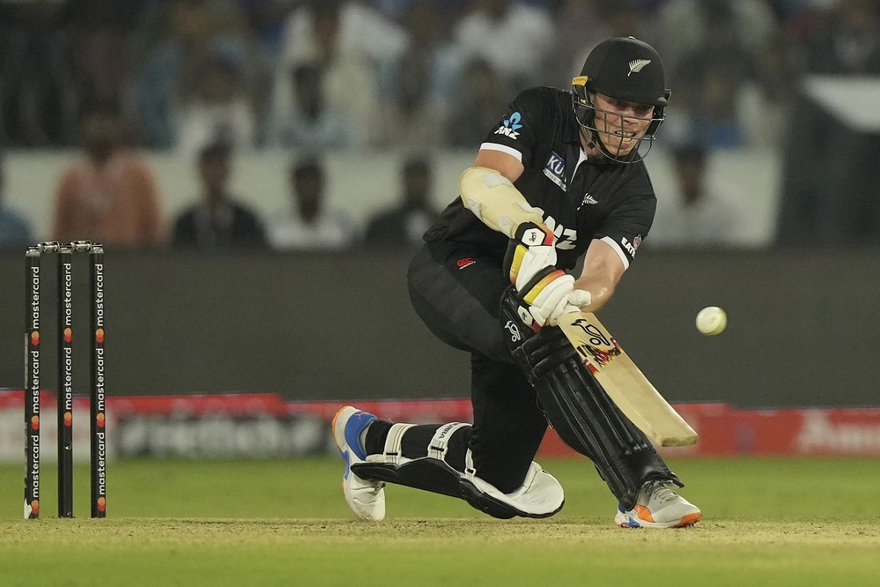 Michael Bracewell scoops behind fine leg for a six, India vs New Zealand, 1st ODI, Hyderabad, January 18, 2023
