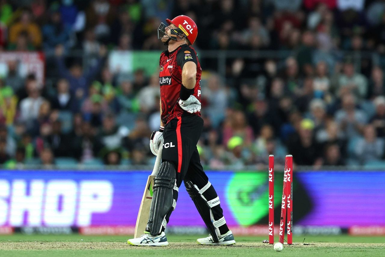 Martin Guptill reacts to being bowled, Melbourne Renegades vs Sydney Thunder, Big Bash League, Canberra, January 19, 2023