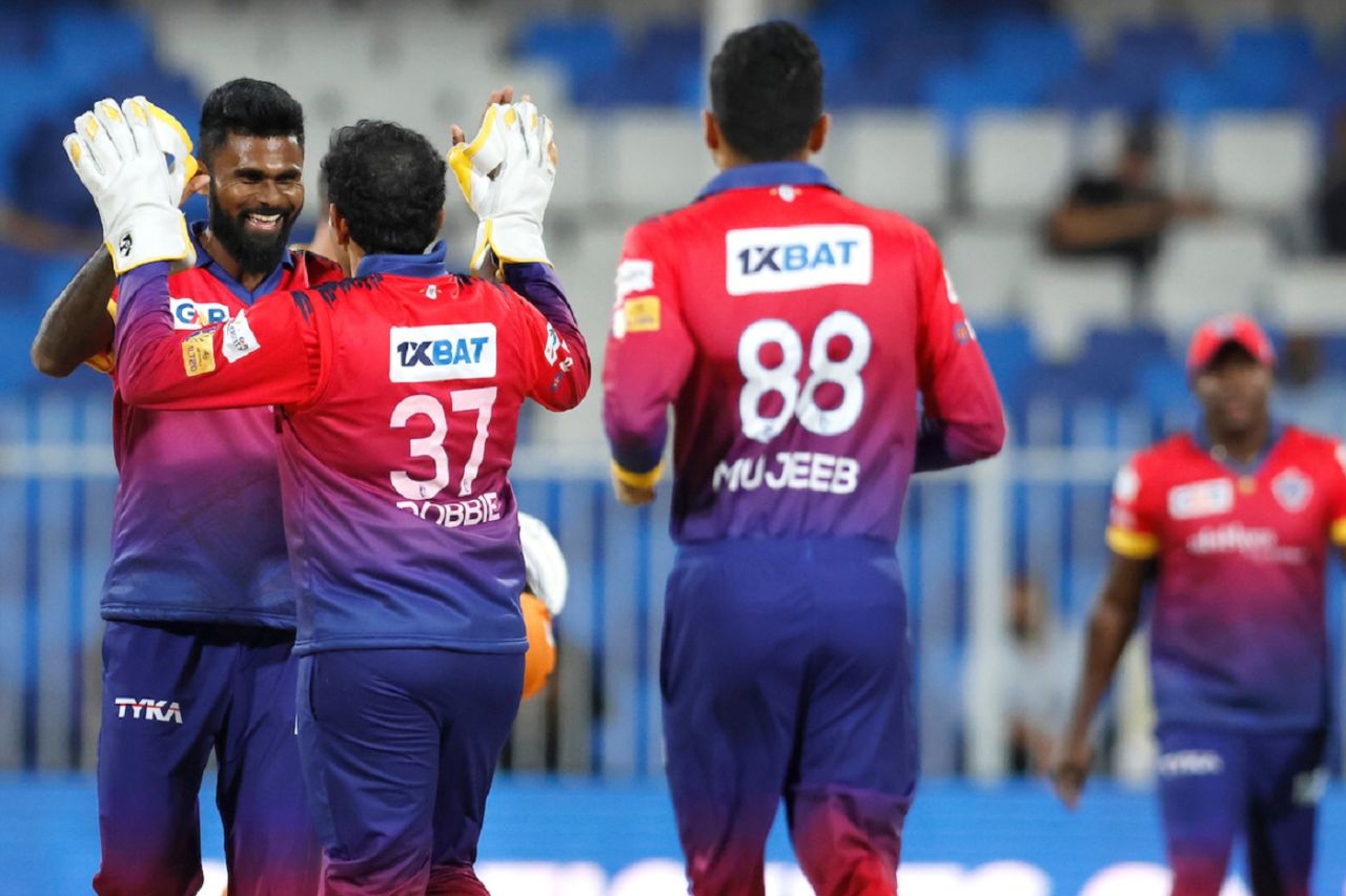 Isuru Udana celebrates after dismissing Rehan Ahmed, Dubai Capitals vs Gulf Giants, Sharjah, ILT20, January 19, 2023