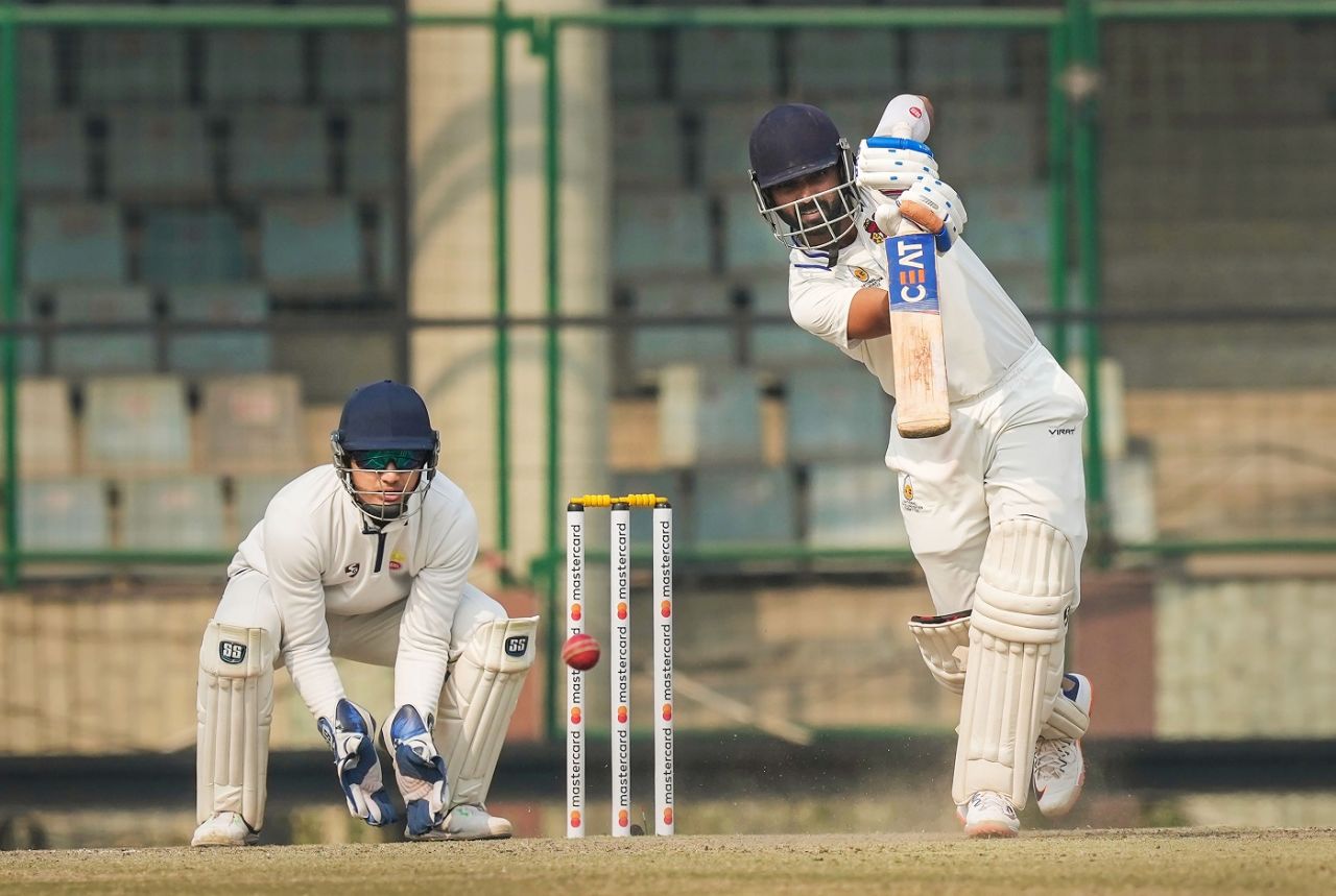 Ajinkya Rahane pushes one down the ground, Delhi vs Mumbai, Delhi, 3rd day, Ranji Trophy January 19, 2023