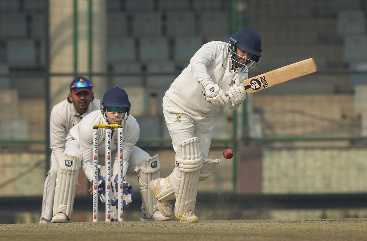 Shams Mulani pushes one on the leg side, Delhi vs Mumbai, Delhi, 3rd day, Ranji Trophy, January 19, 2023