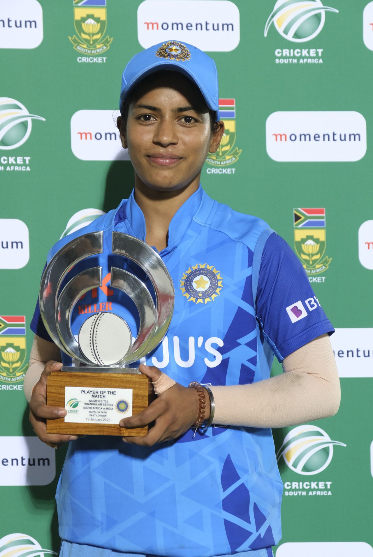 Amanjot Kaur became only the third India Women's player to win a Player-of-the-Match award on T20I debut, South Africa vs India, Women's Tri-Series, East London, January 19, 2023
