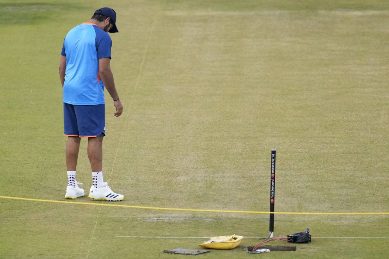 Rohit Sharma has a close inspection of the pitch, Raipur, January 20, 2023