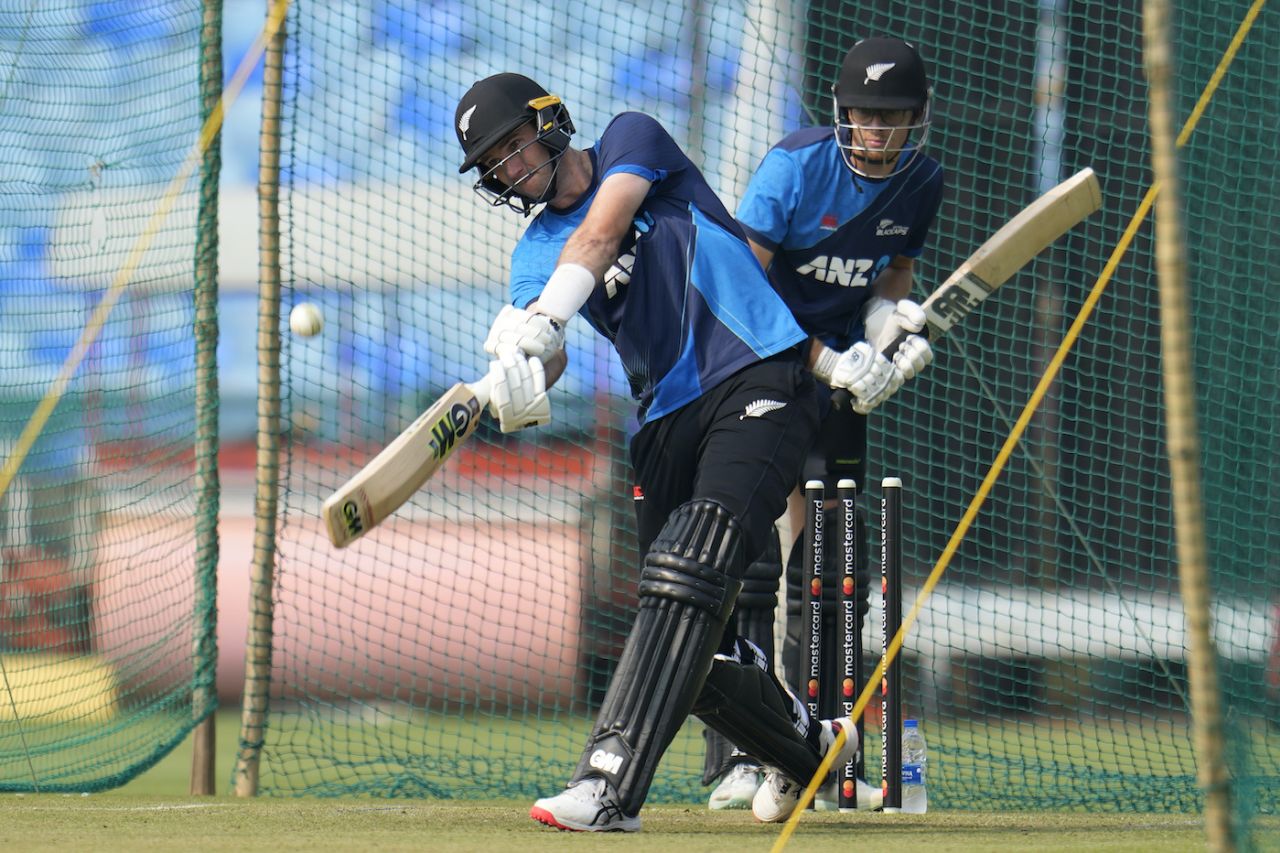 Henry Shipley bats in the nets with Mitchell Santner shadow-practising behind him, Raipur, January 20, 2023