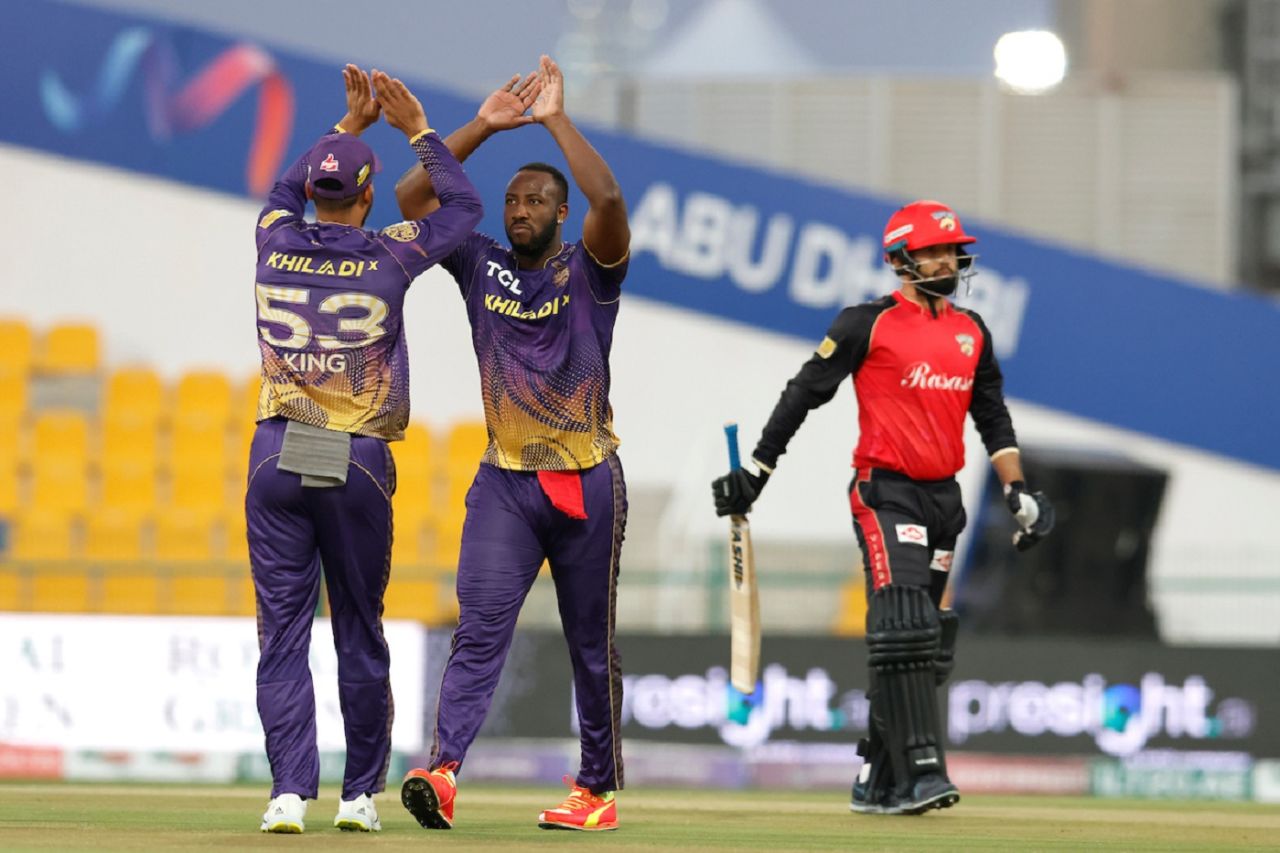 Andre Russell celebrates after dismissing Rohan Mustafa in the first over, Abu Dhabi Knight Riders vs Desert Vipers, Abu Dhabi, ILT20, January 20, 2023