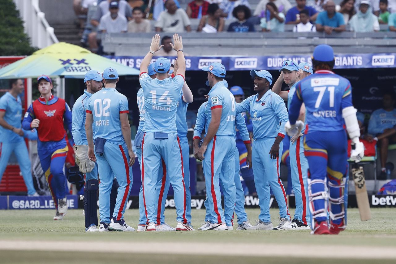 Pretoria Capitals celebrate the dismissal of Kyle Mayers, Durban Super Giants vs Pretoria Capitals, SA20, Durban, Jan 20 2023