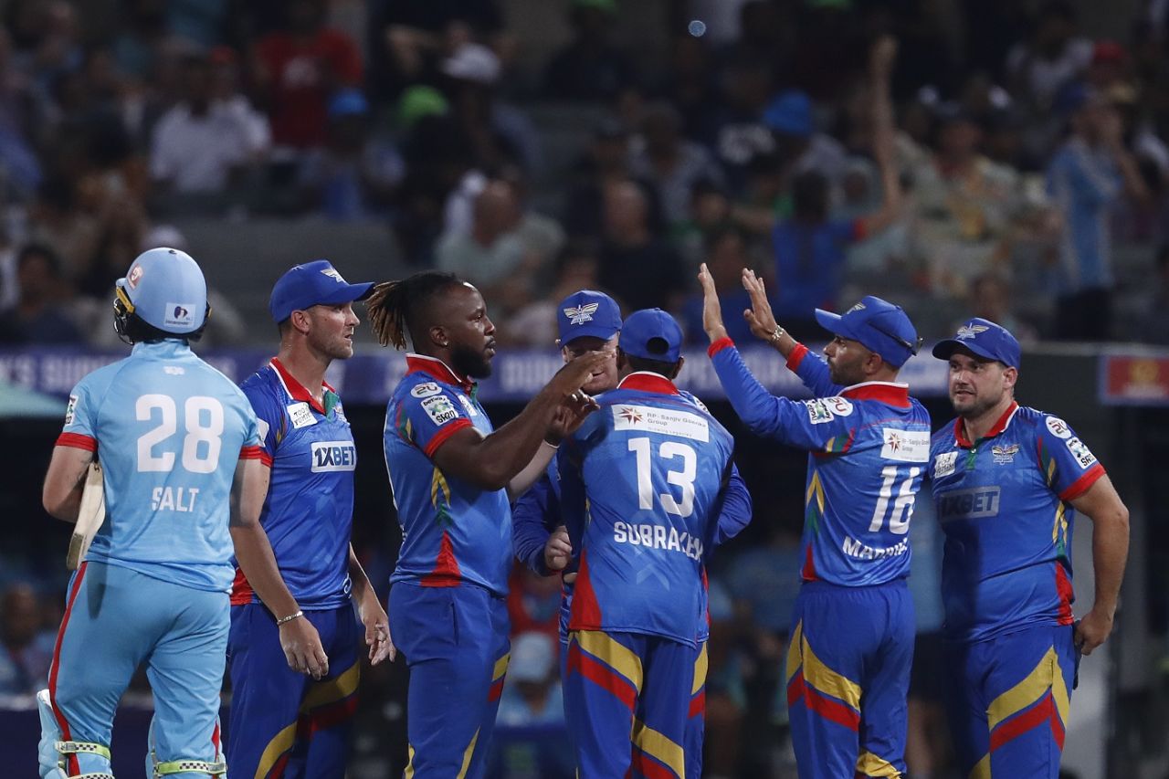 Kyle Mayers and Durban Super Giants celebrate the wicket of Phil Salt, Durban Super Giants vs Pretoria Capitals, SA 20, Durban, Jan 20 2023