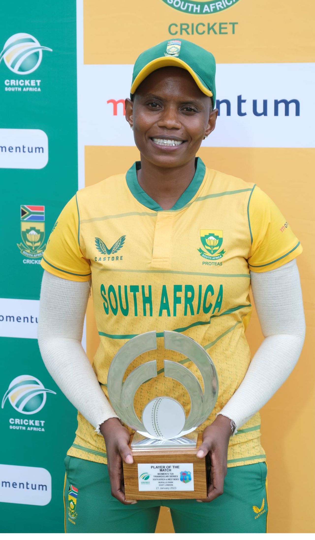 Masabata Klaas picked up her T20I best of 4 for 21, South Africa vs West Indies, Women's Tri-Series, East London, January 21, 2023