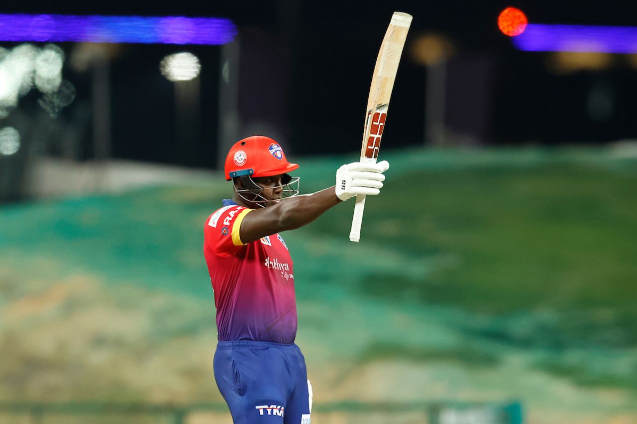 Rovman Powell hit 76 of his 97 runs in boundaries, Dubai Capitals vs MI Emirates, International League T20, Abu Dhabi, January 22, 2023