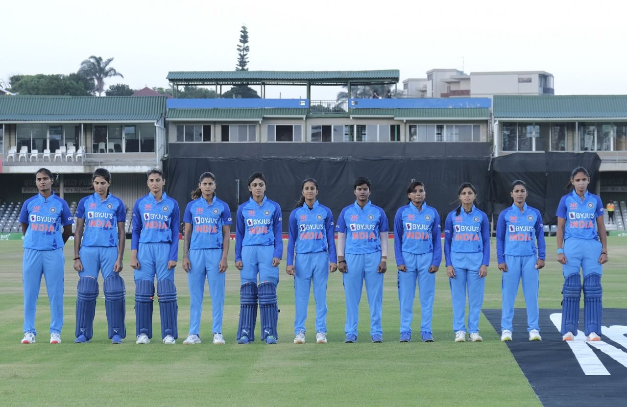 India gather for the national anthem, India vs West Indies, Women's T20I Tri-Series, East London, January 23, 2023