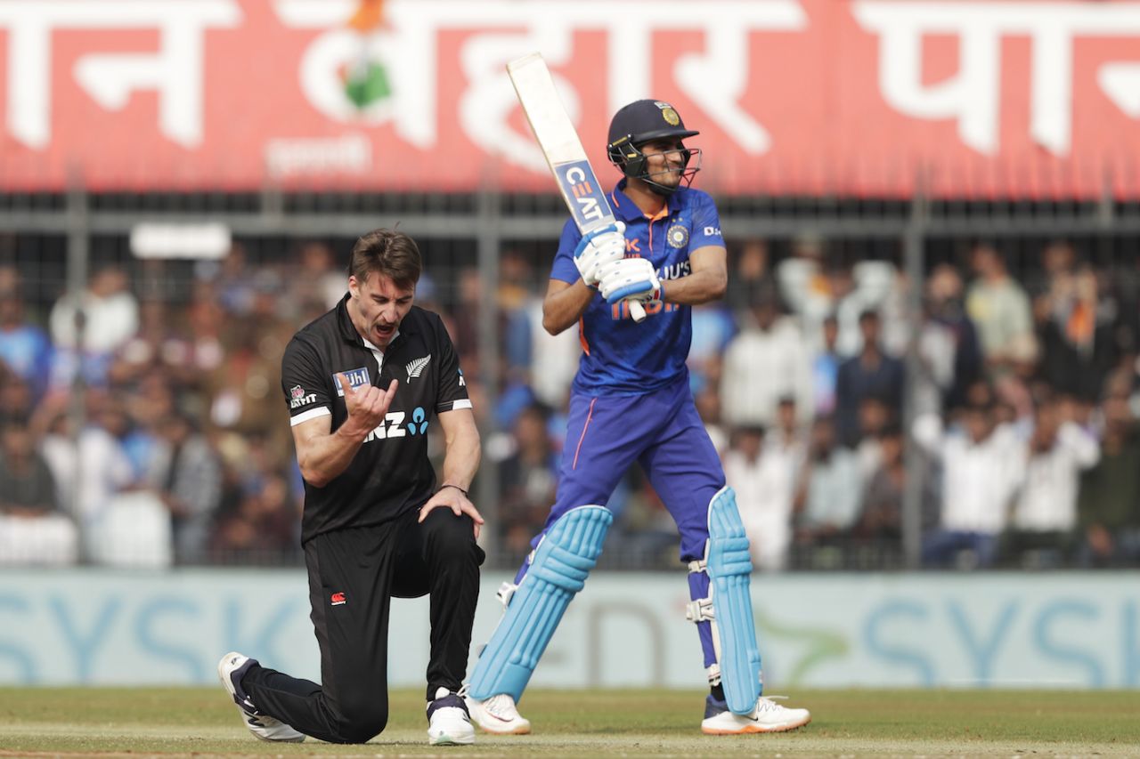 Blair Tickner celebrates Shubman Gill's wicket, India vs New Zealand, 3rd ODI, Indore, January 24, 2023