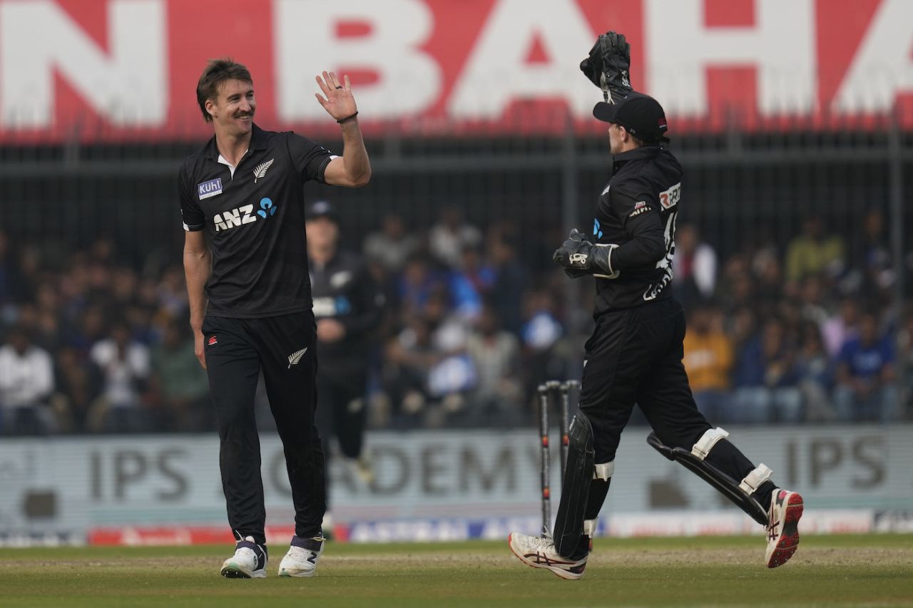 Blair Tickner celebrates a wicket, India vs New Zealand, 3rd ODI, Indore, January 24, 2023