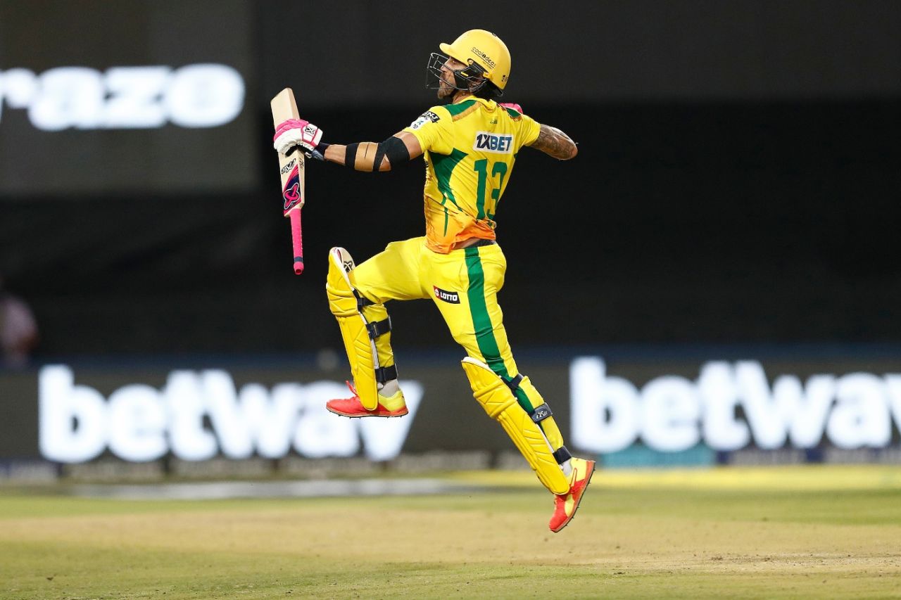 Faf du Plessis celebrates his century, the first at the SA20, Joburg Super Kings vs Durban's Super Giants, SA20, Johannesburg, Jan 24 2023
