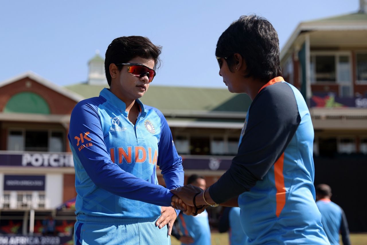 Shafali Verma and Nooshin Al Khadeer chat before the toss, India vs New Zealand, Under-19 Women's T20 World Cup, semi-final, Potchefstroom, January 27, 2023