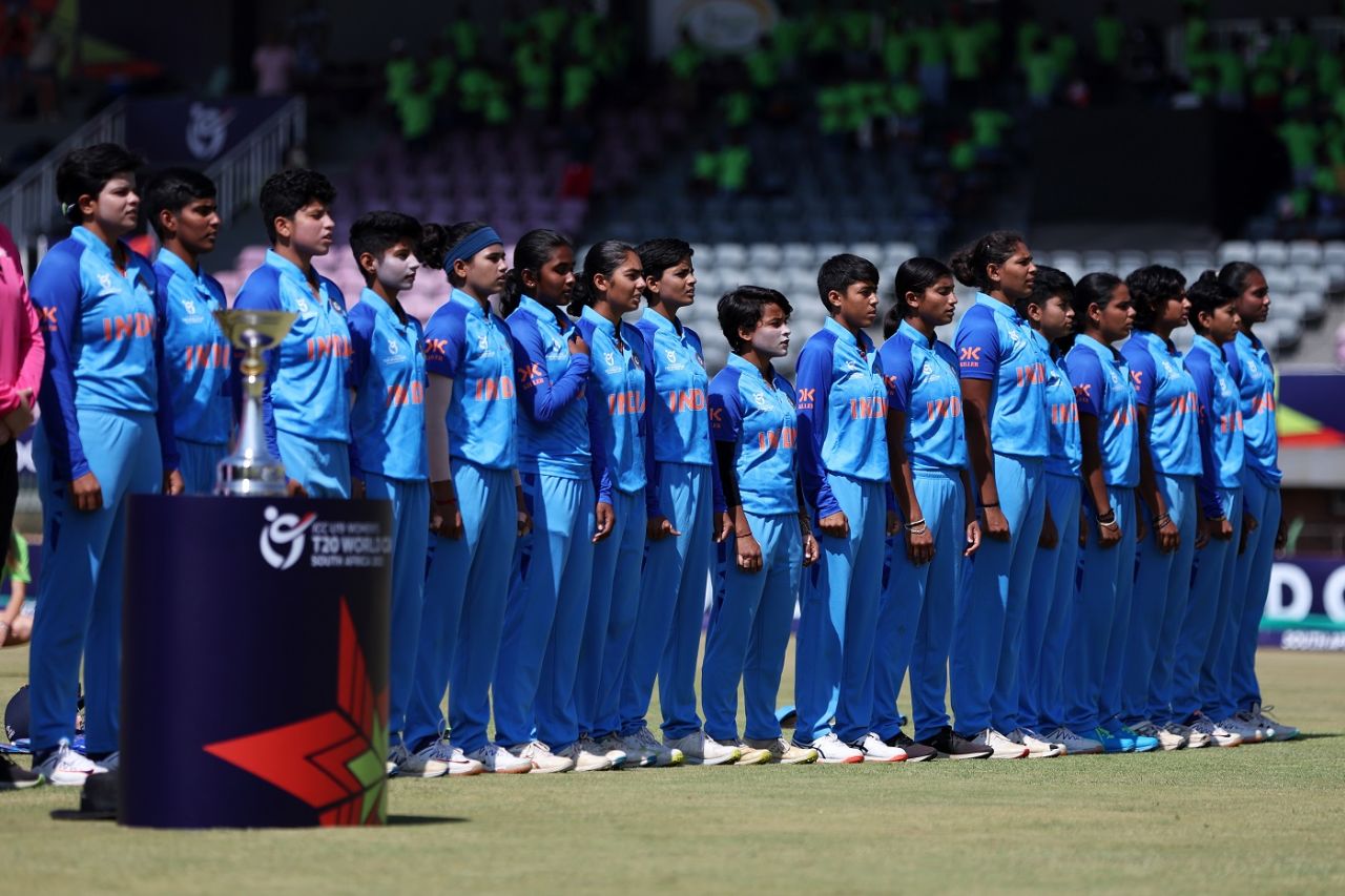 India line-up for the national anthem, India vs New Zealand, Under-19 Women's T20 World Cup, semi-final, Potchefstroom, January 27, 2023