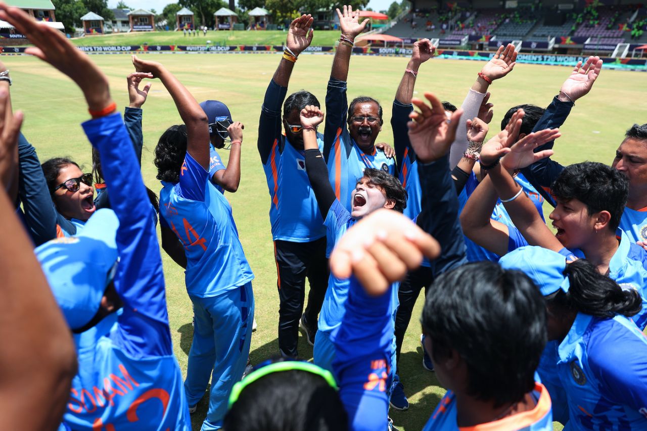 India's support staff and players celebrate the win, India vs New Zealand, Under-19 Women's T20 World Cup, semi-final, Potchefstroom, January 27, 2023