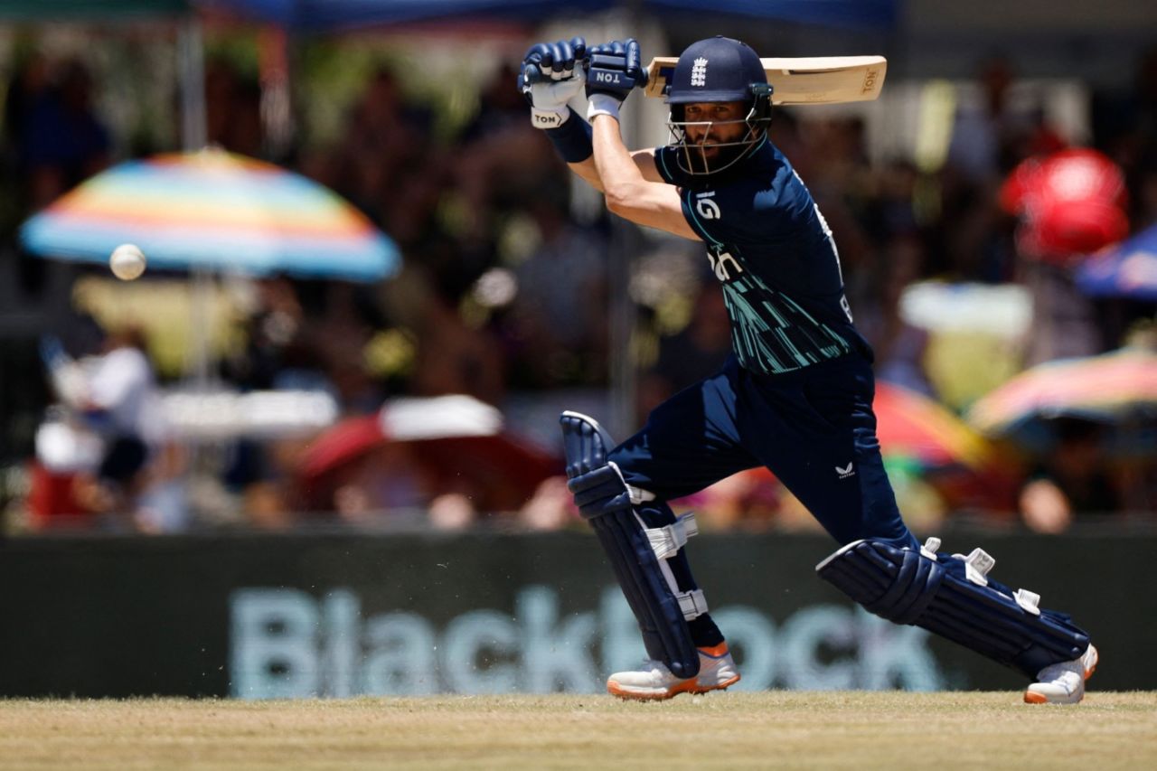 Moeen Ali drives during his first ODI fifty since 2017, South Africa vs England, 2nd ODI, Bloemfontein, January 29. 2023
