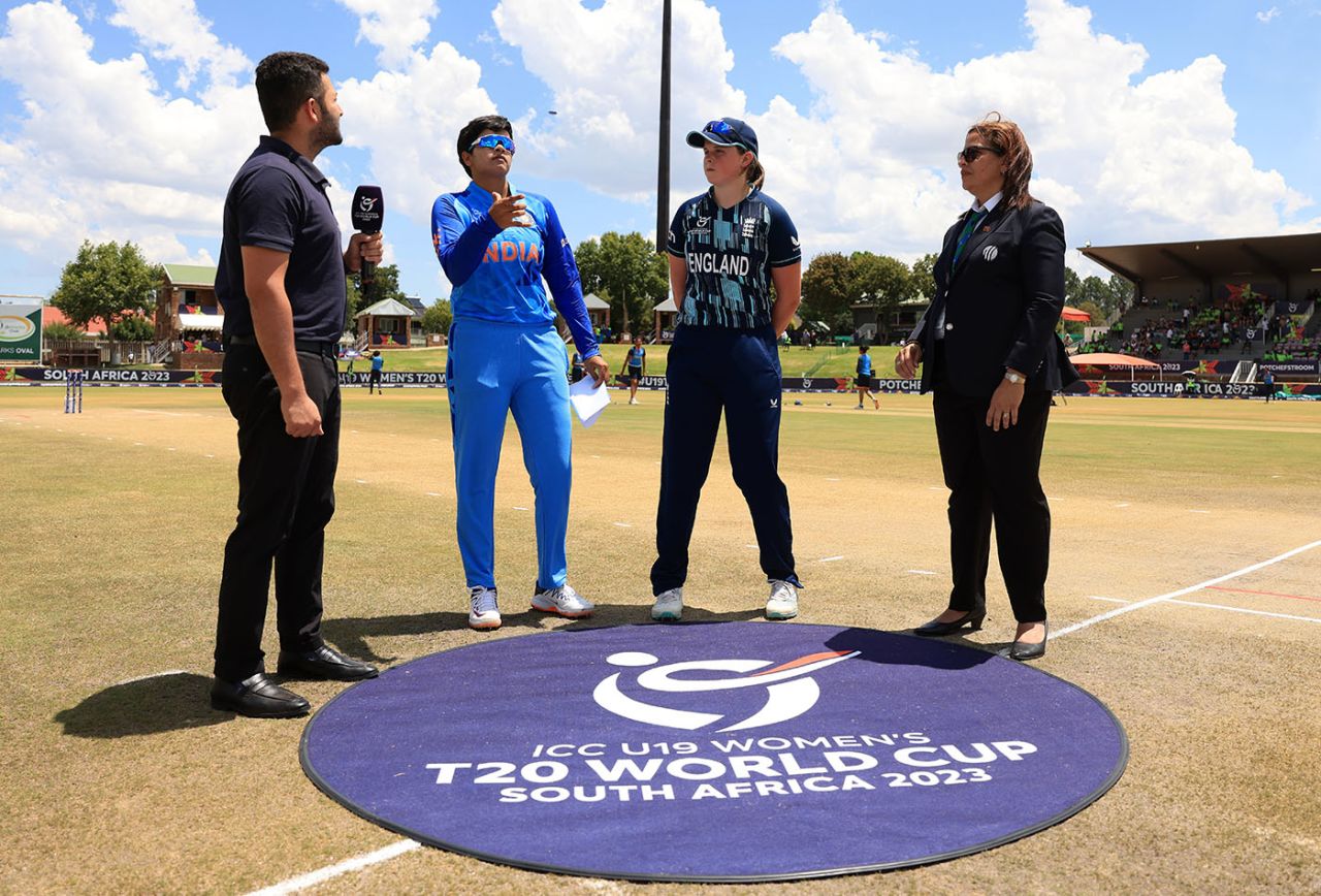 Shafali Verma flips the coin as Grace Scrivens looks on, India U19 Women vs England U19 Women, ICC Women's U19 T20 World Cup Final, Potchefstroom, South Africa, January 29, 2023