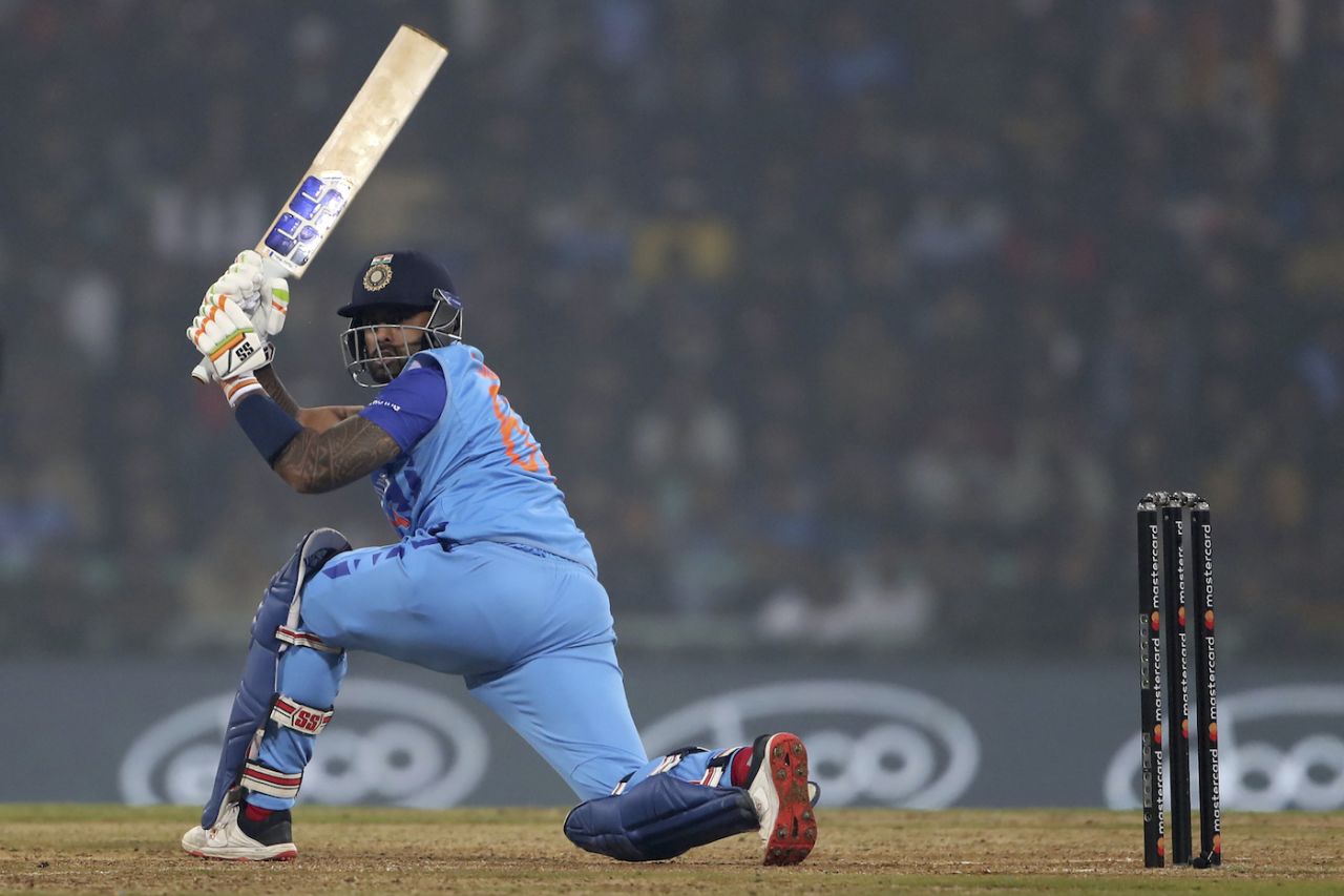 Suryakumar Yadav gets down for the sweep, India vs New Zealand, 2nd T20I, Lucknow, January 29, 2023