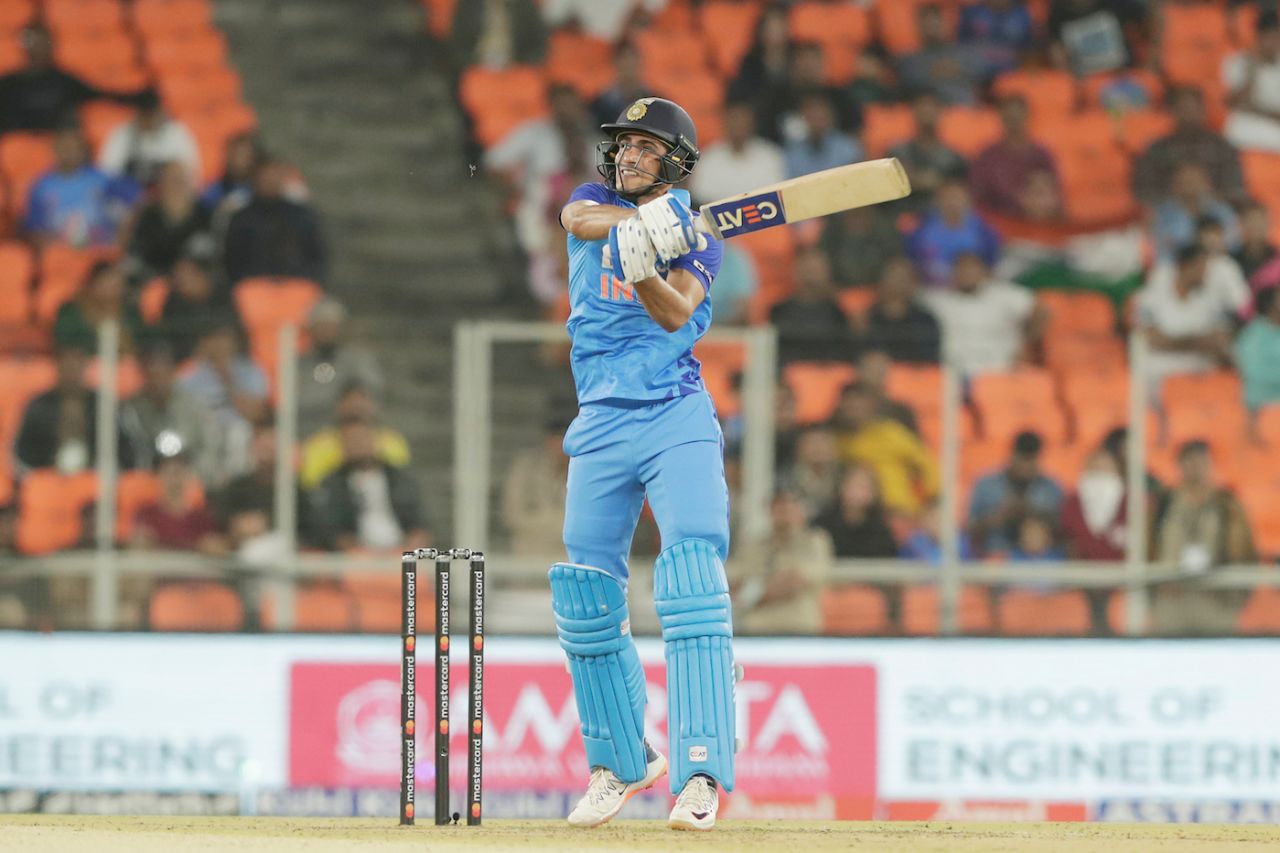Shubman Gill gets on his toes to play a shot, India vs New Zealand, 3rd T20I, Ahmedabad, February 1, 2023