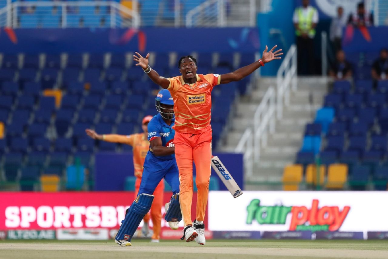Dominic Drakes had Andre Fletcher trapped lbw, Gulf Giants vs MI Emirates, ILT20, Abu Dhabi, February 1, 2023