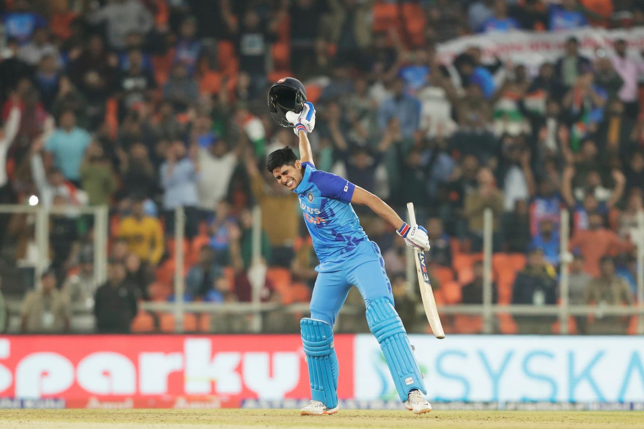 Shubman Gill celebrates his hundred, India vs New Zealand, 3rd T20I, Ahmedabad, February 1, 2023