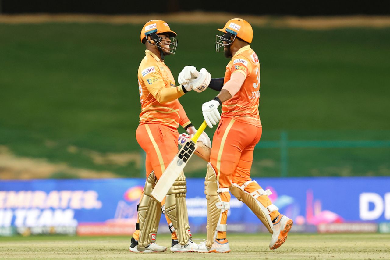 Shimron Hetmyer and Chris Jordan celebrate the last-ball win, Gulf Giants vs MI Emirates, ILT20, Abu Dhabi, February 1, 2023
