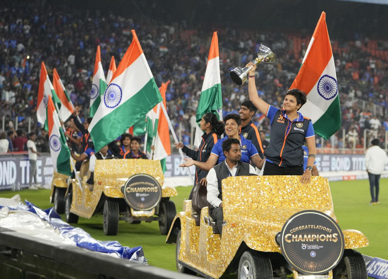 India's World-Cup winning Women's Under-19 team is paraded around the Ahmedabad stadium, India vs New Zealand, 3rd T20I, Ahmedabad, February 1, 2023