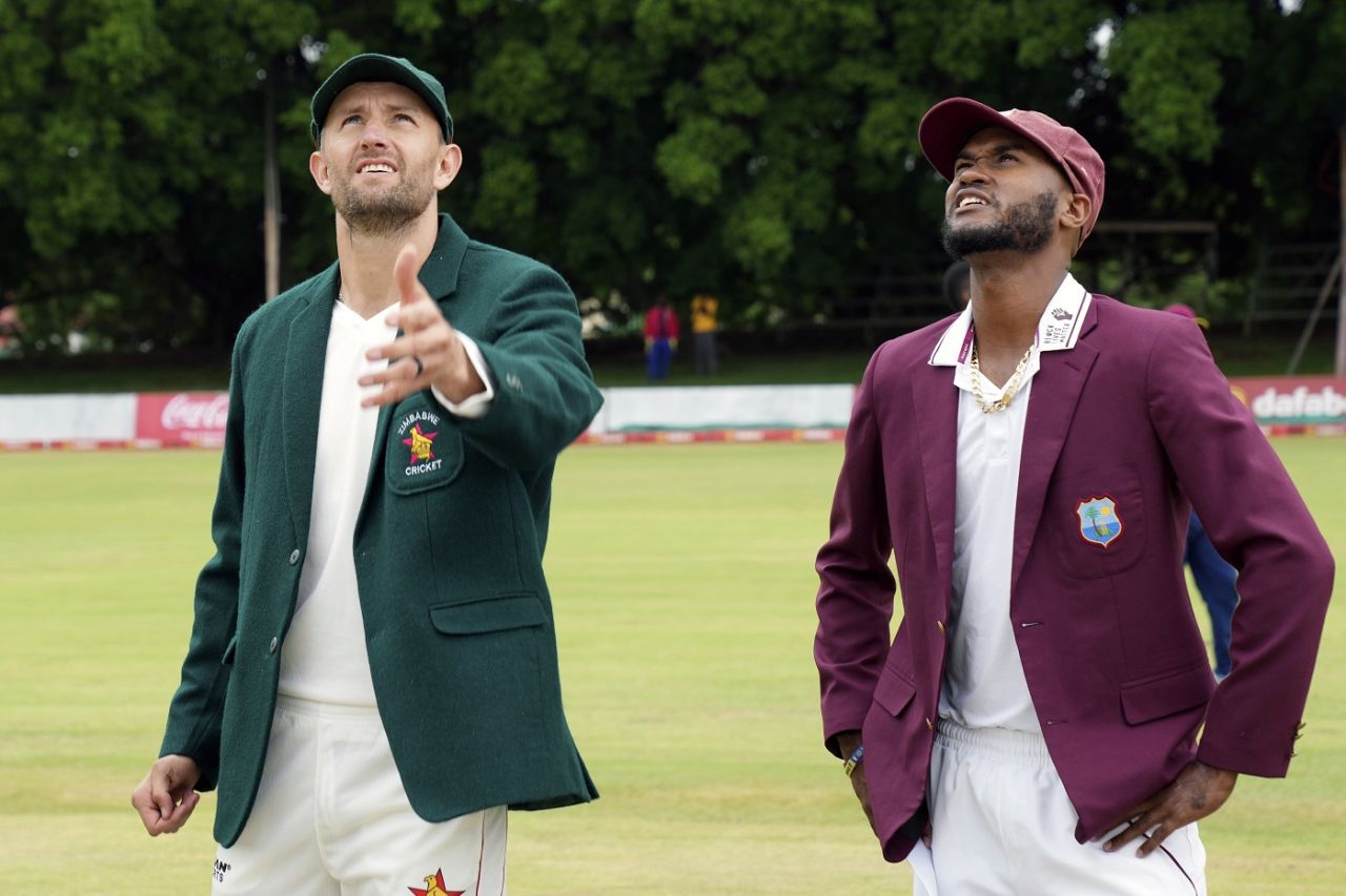 Kraigg Brathwaite looks up as Craig Ervine tosses the coin, Zimbabwe vs West Indies, 1st Test, Bulawayo, first day, February 4, 2023
