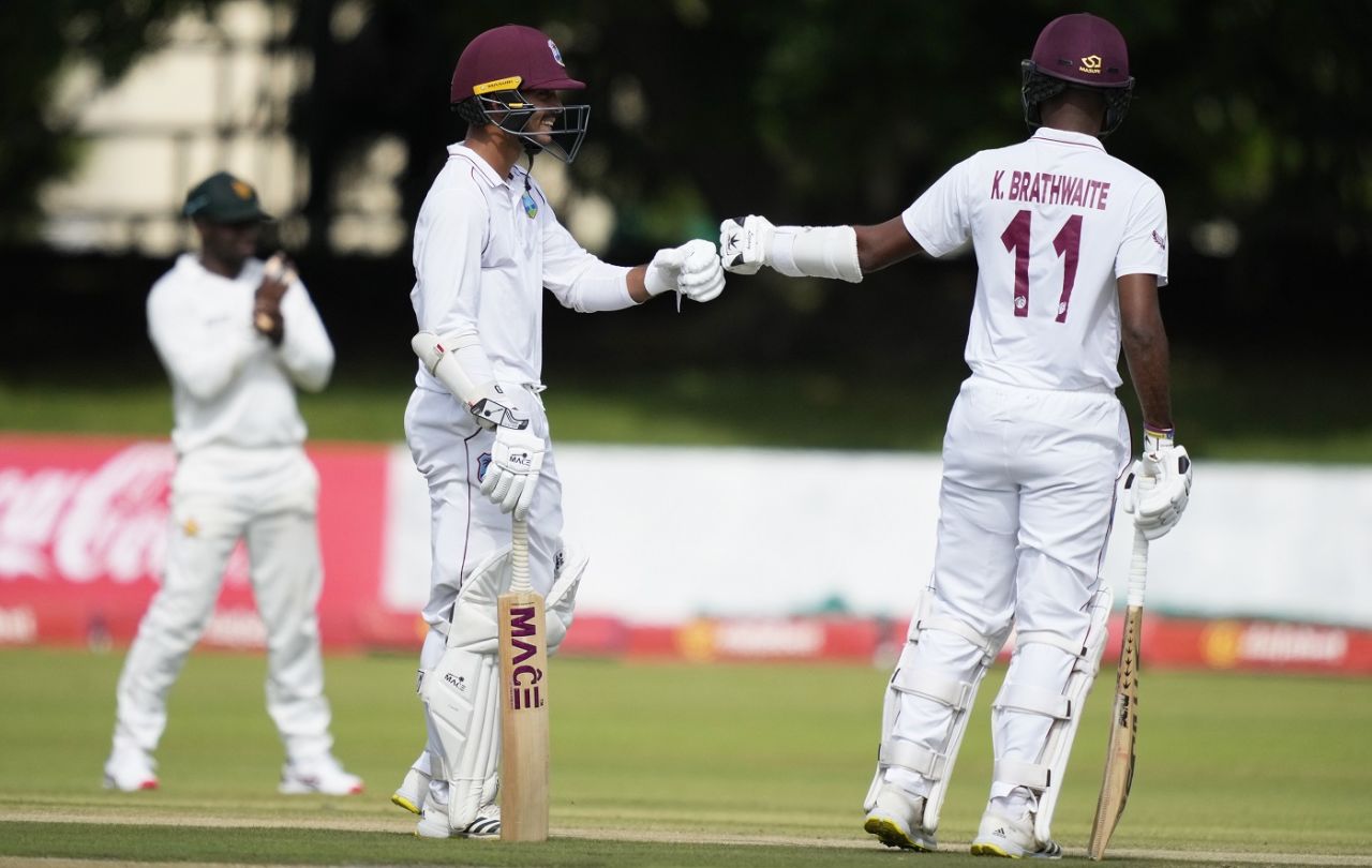 Tagenarine Chanderpaul bumps gloves with Kraigg Brathwaite, Zimbabwe vs West Indies, 1st Test, Bulawayo, second day, February 5, 2023