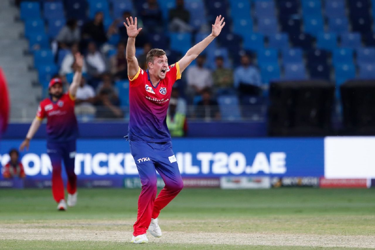 Jake Ball struck twice in his first over, Dubai Capitals vs MI Emirates, ILT20, Dubai, February 5, 2023