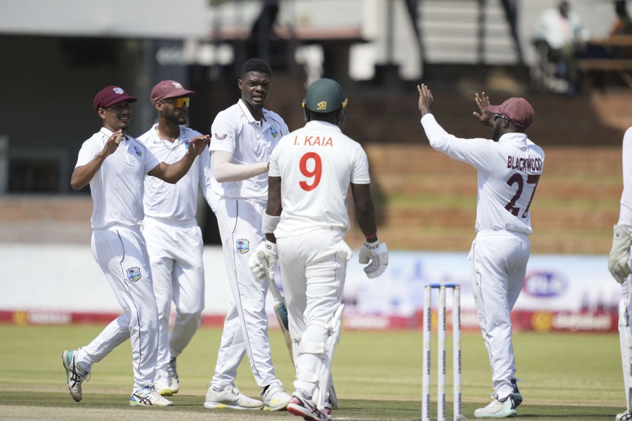 Alzarri Joseph celebrates after trapping Innocent Kaia lbw, Zimbabwe vs West Indies, 1st Test, Bulawayo, 4th day, February 7, 2023
