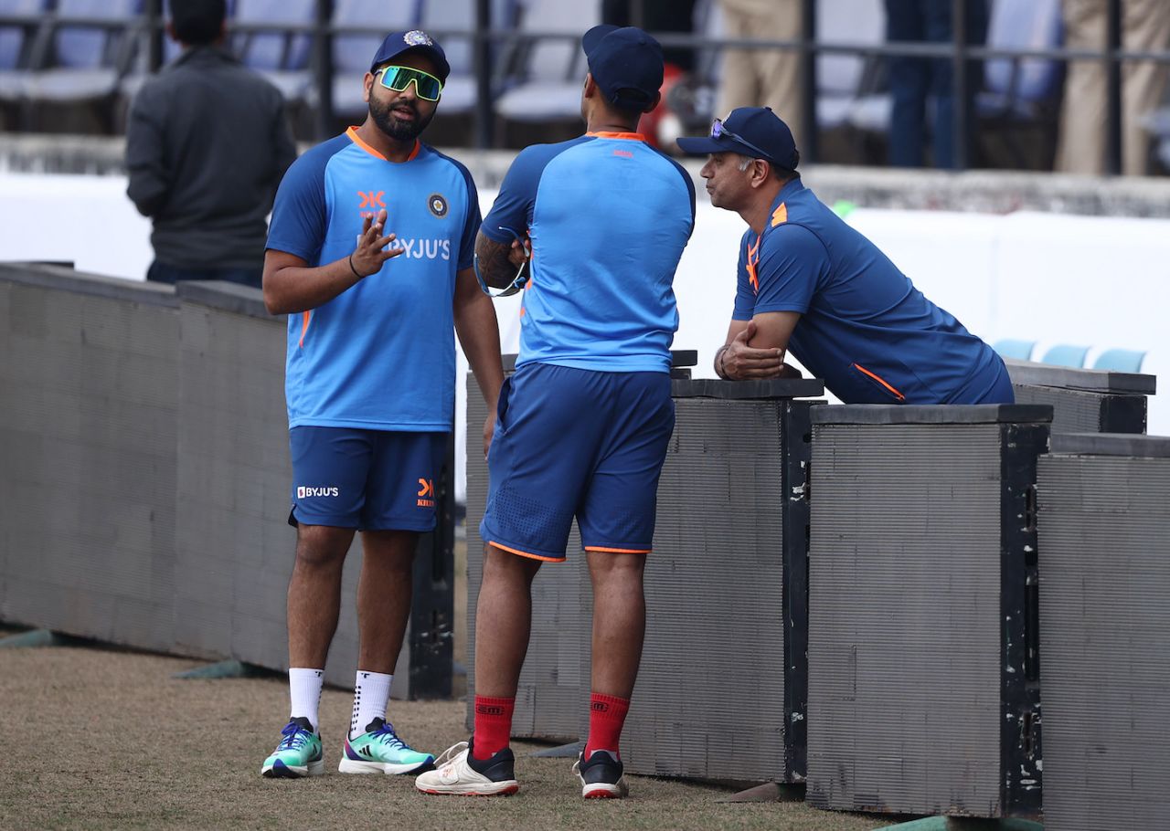 Rohit Sharma and Rahul Dravid talk to Suryakumar Yadav two days out from the first Test against Australia, Nagpur, February 7, 2023