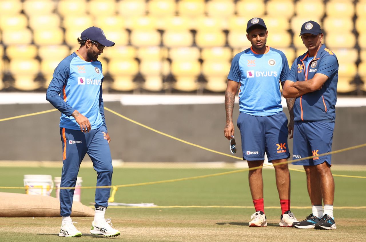 Rahul Dravid, Suryakumar Yadav and Ravindra Jadeja look at the pitch two days out from the first Test against Australia, Nagpur, February 7, 2023