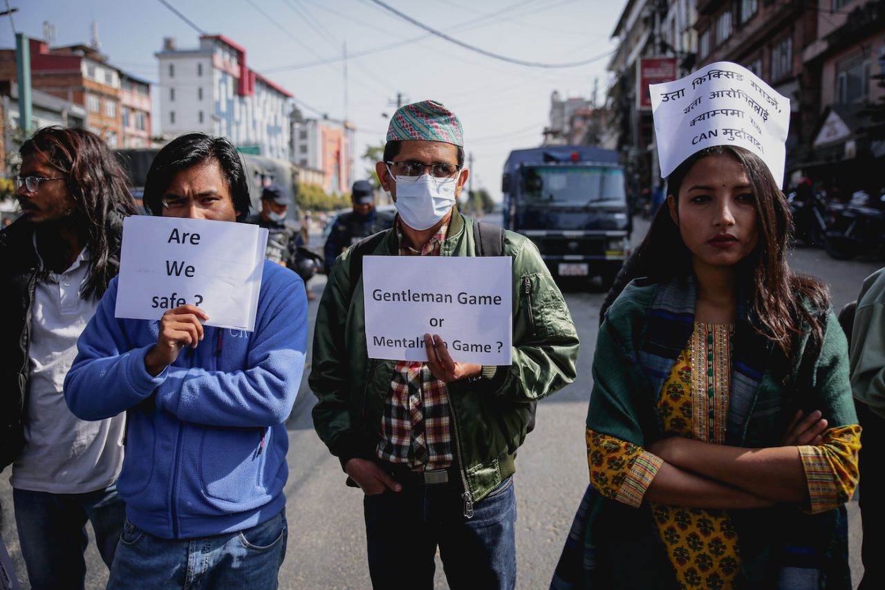 Activists protest against the decision of Cricket Association of Nepal to revoke the suspension on Sandeep Lamichhane, Kathmandu, February 4, 2023