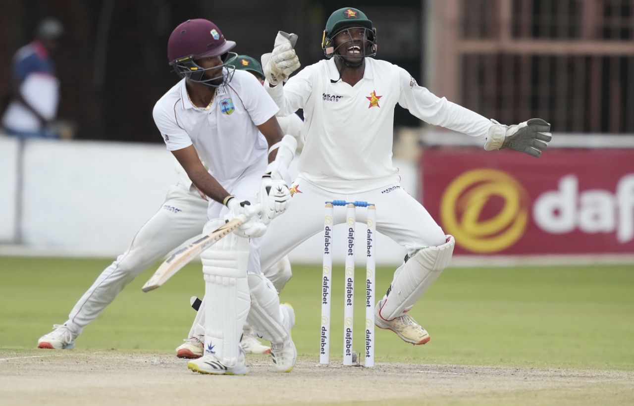 Kraigg Brathwaite looks to defend, Zimbabwe vs West Indies, 1st Test, Bulawayo, 4th day, February 7, 2023