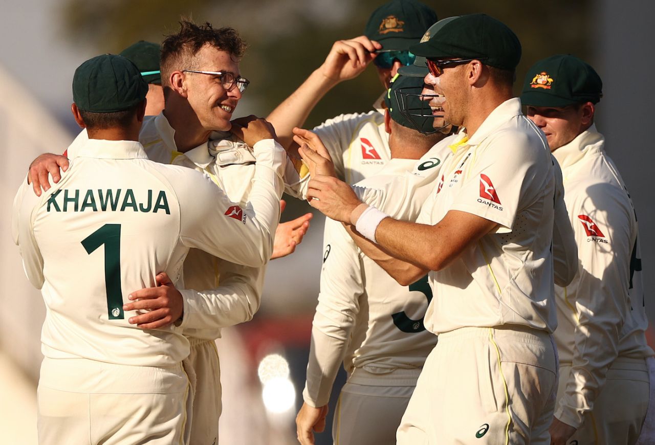 Todd Murphy celebrates his maiden Test wicket with Scott Boland and Co, India vs Australia, Border-Gavaskar Trophy, 1st Test, Nagpur, 1st day, February 9, 2023