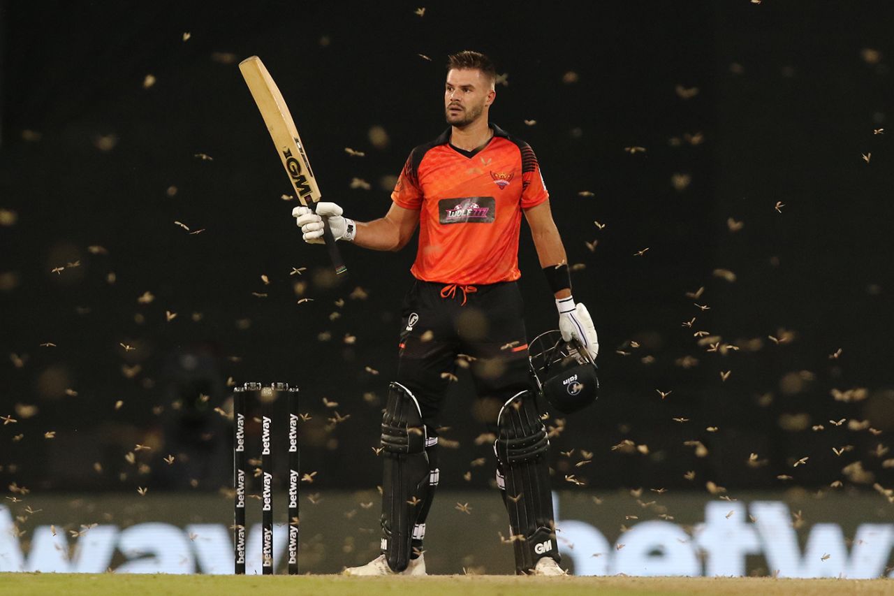 Aiden Markram celebrates his maiden T20 hundred, Joburg Super Kings vs Sunrisers Eastern Cape, SA20 2nd semi-final, Centurion, February 9, 2023