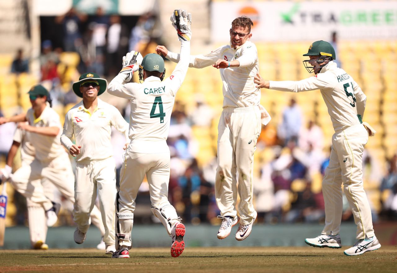 Todd Murphy celebrates Virat Kohli's wicket, India vs Australia, 1st Test, Nagpur, 2nd day, February 10, 2023